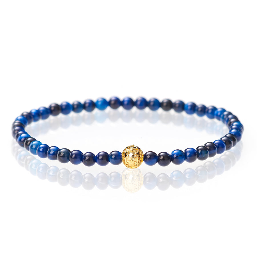 Blauer Tigerauge Glänzend - 4mm - 18 Karat Gelbgold